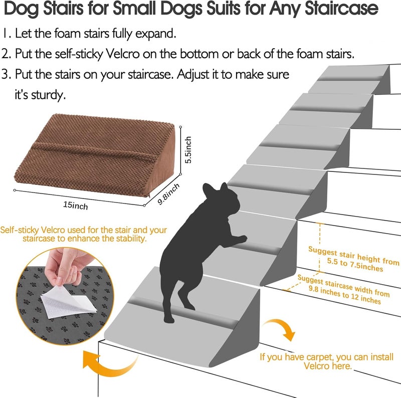 INRLKIT 40D Density Foam Dog Ramp with Anti-Slip Bump for Stairs Suits for Small Dogs Cats, Pet Ramp Steps Stairs for Staircase Indoor with Self-Sticky Pads to Fix(6Pack, Brown) - Image 3